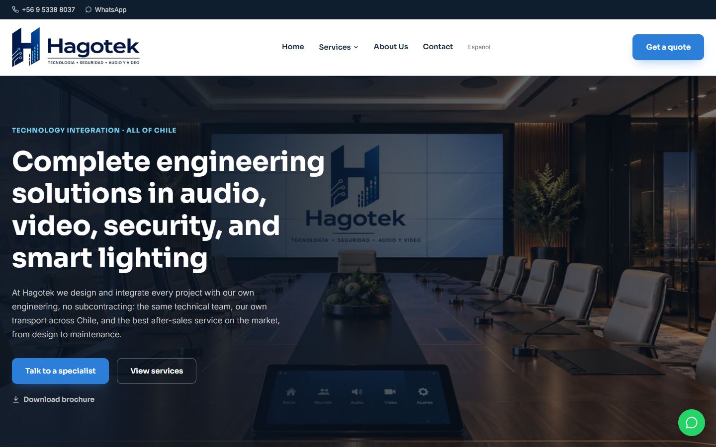 Hagotek website home page: a conference room with a video wall behind the headline 'Complete engineering solutions in audio, video, security, and smart lighting'
